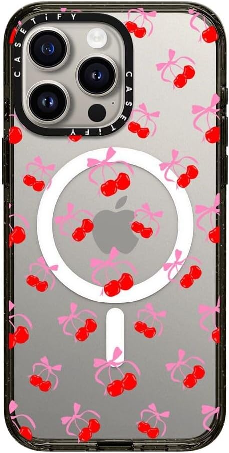 CASETiFY Impact iPhone 15 Pro Max Case [Slim/Compatible with Magsafe / 8.2 ft. 4X Military Grade Drop Protection] - Cherries Jubilee - Clear Black
