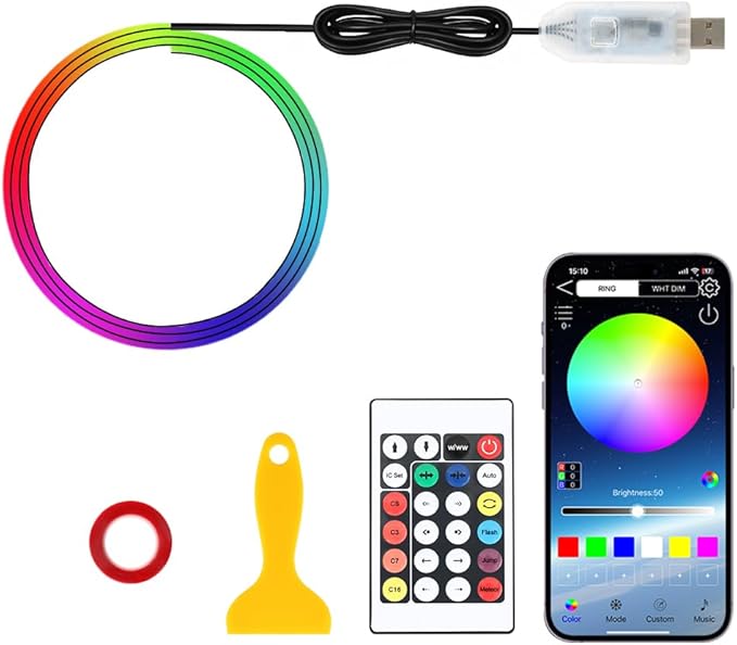 for Car LED Ambient Lighting Kit Smart RGB Bulb Interior Decor Cars Neon Accent Lights with Wireless APP Control 210 Dynamic Modes,4 Music Modes,16 Million Colors 43.3 Inch USB LEDs Strip Accessories