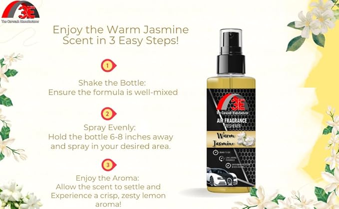 3E Car Air Freshener Premium Jasmine Scent 16 fl oz – Professional Automotive Air Freshener & Odor Eliminator, Long-Lasting Interior Fragrance for Cars, Trucks, SUVs, RV, Home & Office (JASMINE)