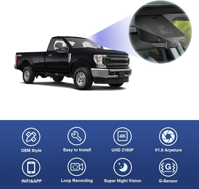 Fitcamx 4K Dash Cam Suitable for Ford F250 F350 XL XLT 2011-2025 (DZ-00455), OEM Factory Look, UHD 2160P Video, Built-in WiFi & APP, Loop Recording, G-Sensor, Easy to Install, 64GB MicroSD Card
