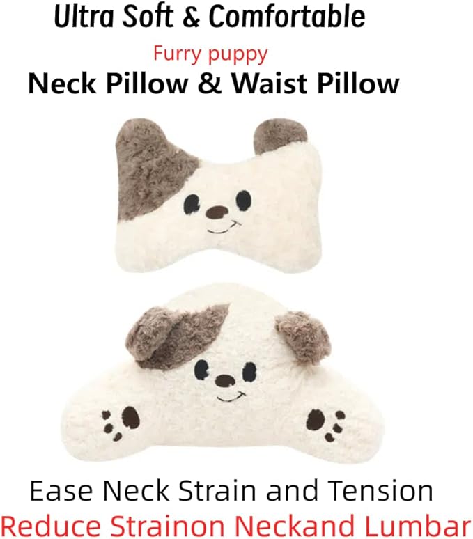 Car Headrest and Lumbar Support for Driving Cute Dog Car Headrest Pillow Head Neck Support Girl-Style Interior Decor