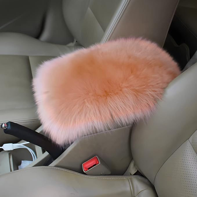 Furry Auto Center Console Cover Pad, 11.8"x7.8" Fluffy Soft Sheepskin Wool Armrest Cushion, Car Interior Accessories for Women and Men (Light/Coffee)
