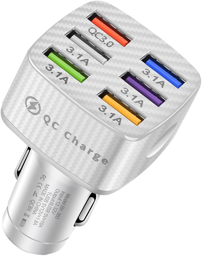 Augeny Car Charger Adapter, 6 USB Multi Port Fast Charger, Include QC 3.0 and 5 Other Ports, Auto Quick Charging Adapter for Most Cell Phones, Interior Car Accessories for SUV Truck (White)