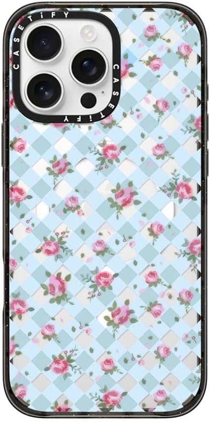 CASETiFY Impact Case for iPhone 16 Pro Max [8.2ft 4X Military Grade Drop Protection/Compatible with Magsafe] - Floral Gingham - Blue - Clear Black