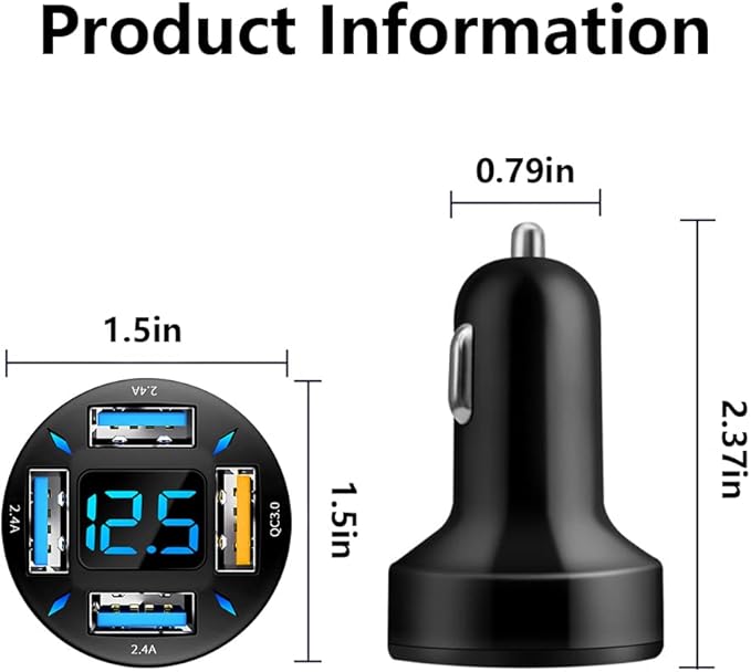 2Pcs 66W Fast USB Car Charger Fast Charge with Voltmeter LED Light Display Car Charger Adapter Compatible for iPhone 14/13/12/11pro/x/8/S22/S22+/Ultra/S21/S10/S9 (2Pcs Black)