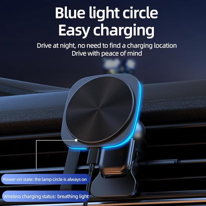 Car Phone Mount – 15W Magnetic Wireless Charger for 12-15 Series, Reliable and Efficient Wireless Charging Phone Holder(Black with Blue Light)