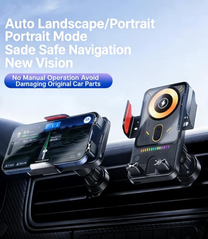 15W Car Air Vent Wireless Charging Phone Mount - Auto-Clamp Qi Fast Charger for iPhone Android, 90° Rotatable Phone Holder for Universal Car Vent Mounting
