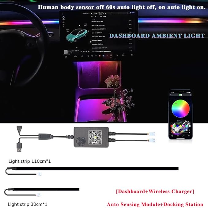 Interior Neon Lights for Tesla Model Y/3, Dreamcolor Acrylic Interior Car LED Strip Light for Tesla, Dynamic Chasing Music Sync Neon Ambient Lighting Kits for Tesla Model Y/3 (2 Strip Set A)