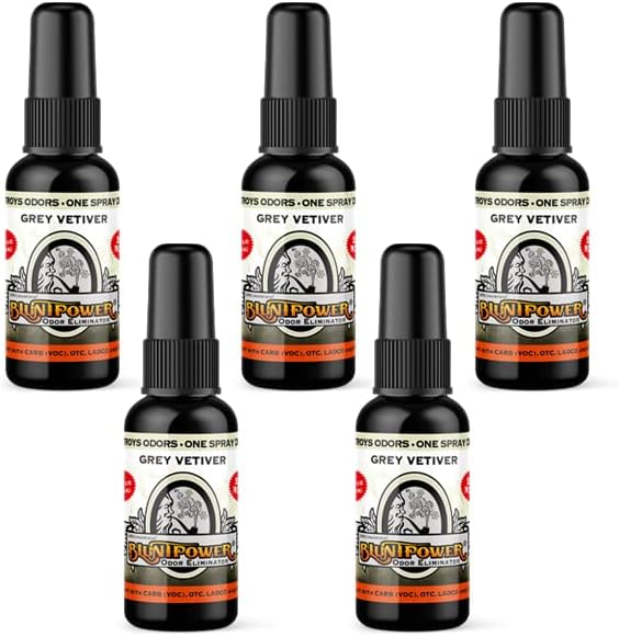 BluntPower (Grey Vetiver, 5 Pack) Concentrated Odor Eliminator and Diffuser Oil - Room Deodorizer, Odor Eliminator, and Smoke Eliminator Spray - Premium Oil Based Air Freshener & Odor Eliminator Spray