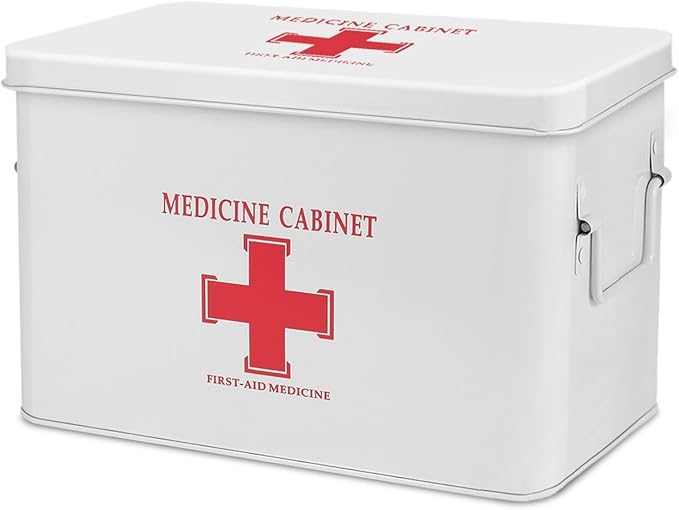 Flexzion First Aid Box Organizer Empty 13" White Vintage First Aid Kit Tin Metal Medical Box - First Aid Storage Box Container Bins with Dividers, Removable Tray and Red Cross Logo