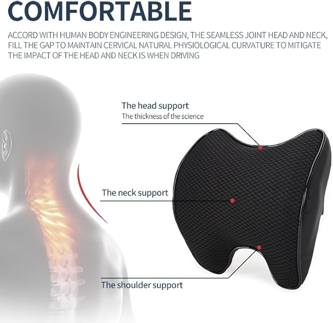 Lumbar Support and Car Neck Pillow for Office Chair and Car Seat ，Softness Memory Foam Erognomic Seat Cushion with Adjustable Strap，Comfortable Ergonomic Design (Black, Polyester)