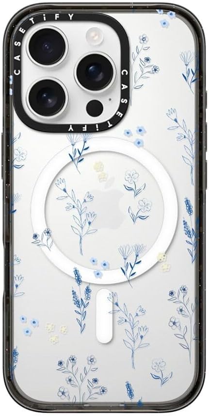 CASETiFY Impact Case for iPhone 16 Pro [Slim / 8.2 ft. 4X Military Grade Drop Protection/Compatible with Magsafe] - Small Blue Flowers - Clear Black