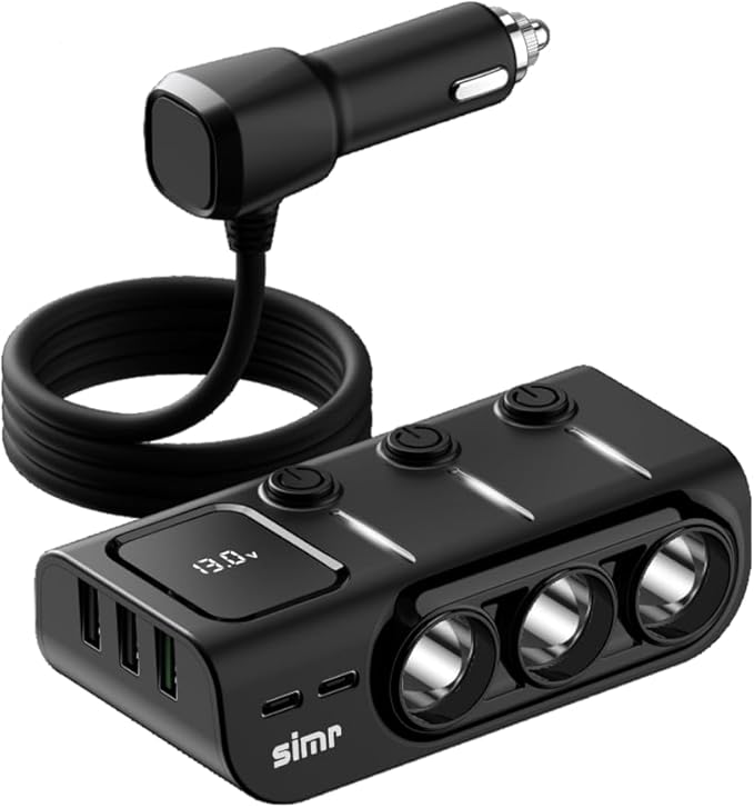 3 Socket Cigarette Lighter Splitter 3 USB+2 Type C Port Quick Car Charger Adapter with LED Voltage Display and on/Off Switch for iPhone Samsung