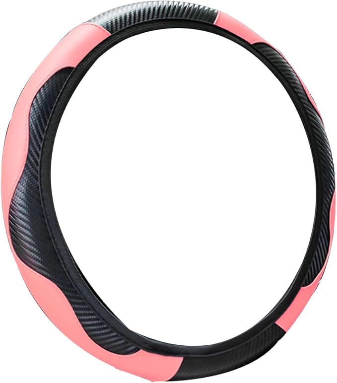 Car Steering Wheel Cover, Microfiber PU Leather Elastic Carbon Fiber Auto Steering Wheel Protector, 15 Inch Breathable Anti-Slip for Women Men, Car Interior Accessories for Most Cars (Black/Pink)
