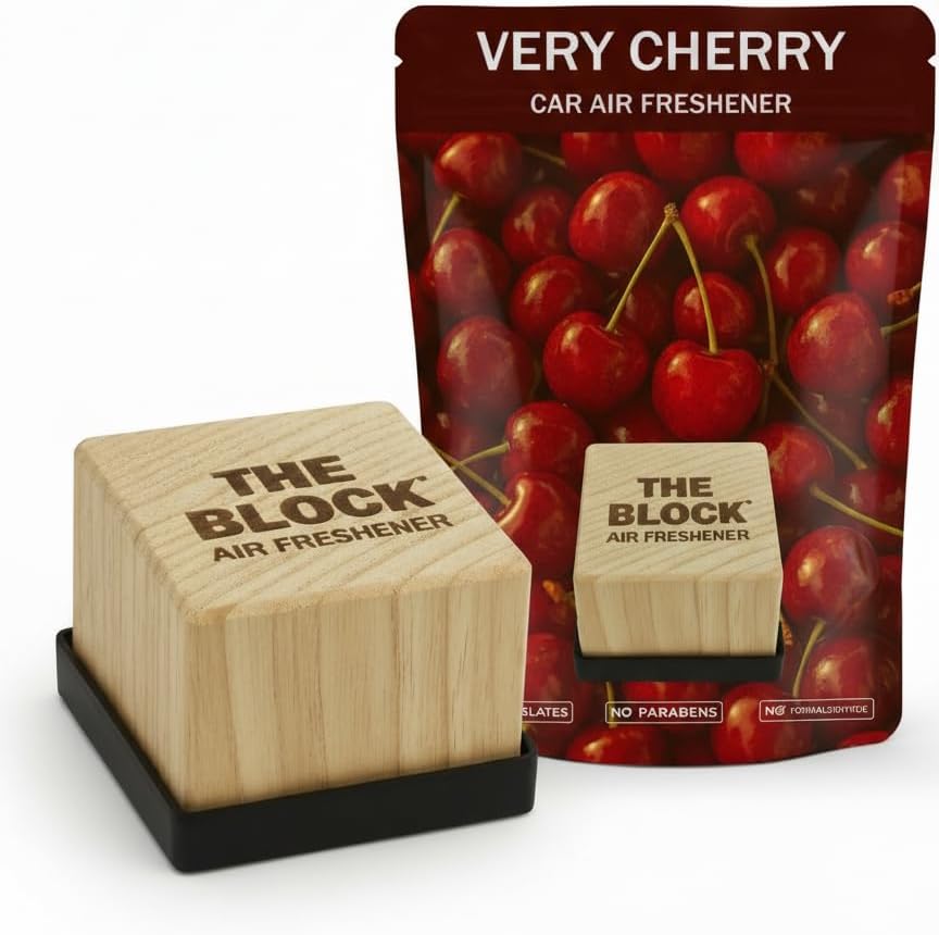 The Block - Wooden Car Air Freshener & Odor Eliminator - Long Lasting 30+ Day Scent - Car & Home Use - Fresh Gift Idea - Made in USA - Very Cherry