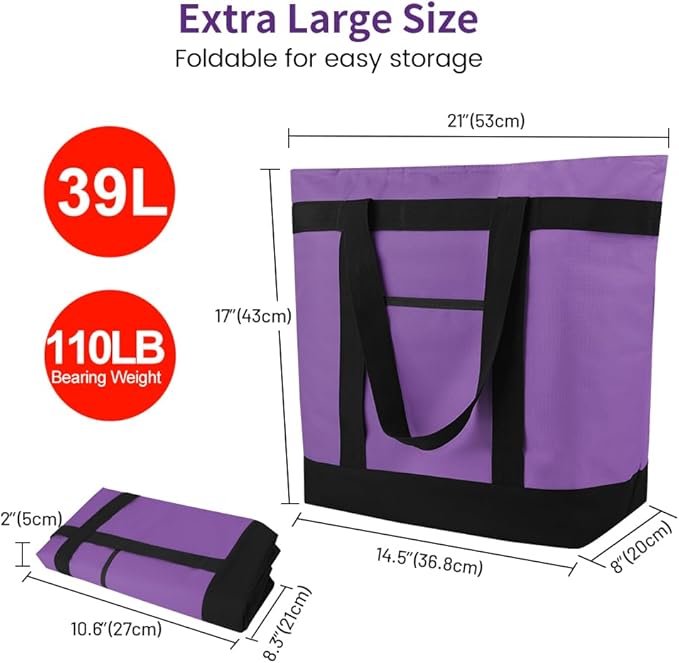 mosago Insulated Grocery Tote Bags, Large Reusable Cooler Bags with Zipper, Leakproof Thermal Shopping Bags for Food Delivery, Beach, Travel, Uber Eats & Picnic, Collapsible Personalized, Purple