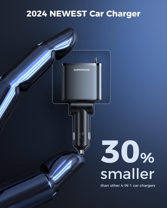 SUPERONE Smaller 69W Retractable Car Charger 4 in 1 Fast Car Phone Charger Adapter with Retractable Type C & L Cords, USB C Car Chargers for iPhone 17 16 15 14 13 12 Galaxy Pixel