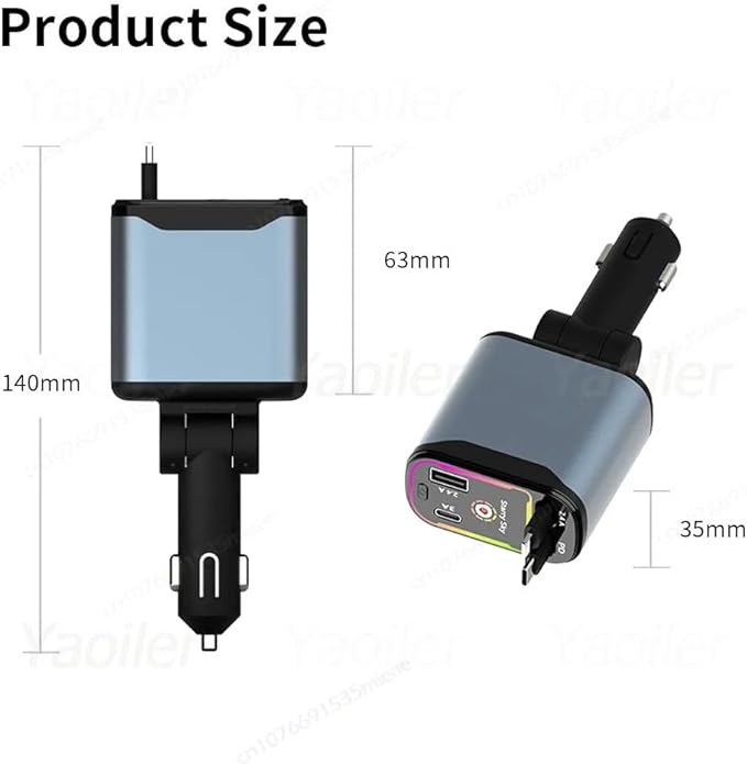 Retractable Car Charger 4 in 1 Fast Car Phone Charger | RGB Starlight | 2 Retractable Cords (Type C + iOS) with Additional 2 Ports | Charge 4 Devices | Compatible with Android & iPhone Models