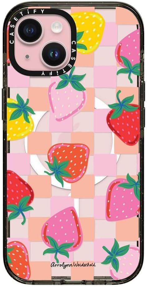 CASETiFY Impact Case for iPhone 15 [8.2ft 4X Military Grade Drop Protection/Compatible with Magsafe] - Fun Strawberries - Clear Black