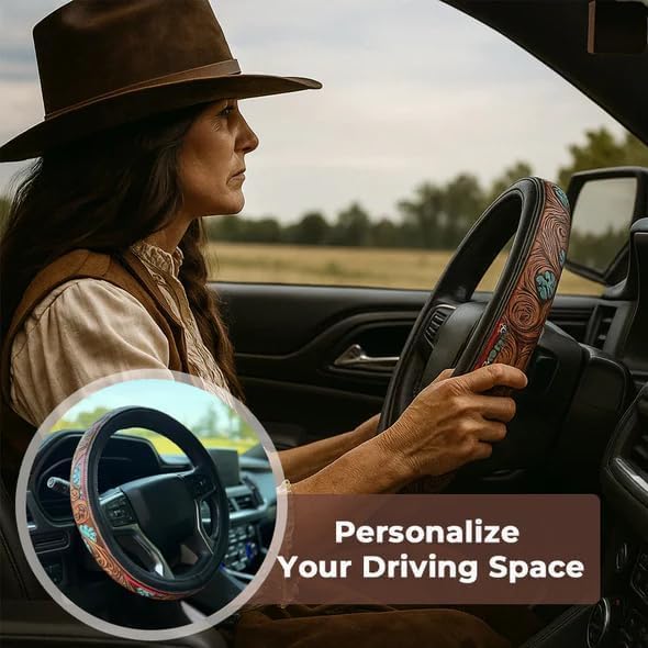 Western Steering Wheel Cover, Color Printed Embossed Hand-Painted Leather Western car Parts, for Women Man, Anti-Slip Design Easy to Install, for Trucks SUVs Cars (Style 6)