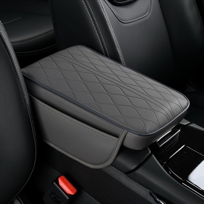 Car Center Console Cushion for Chevrolet City Express 2015-2018, Nappa Leather Memory Foam Armrest Cover with Side Storage Pockets, Auto Elbow Support Pad 1pc,Grey