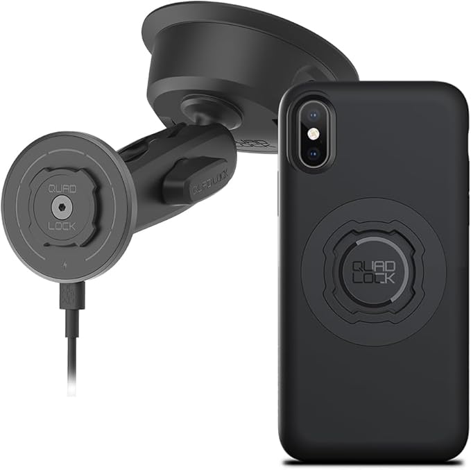 Quad Lock Heavy Duty Suction Car Phone Mount with MAG Phone Case and MAG Wireless Charging Head for iPhone X/XS