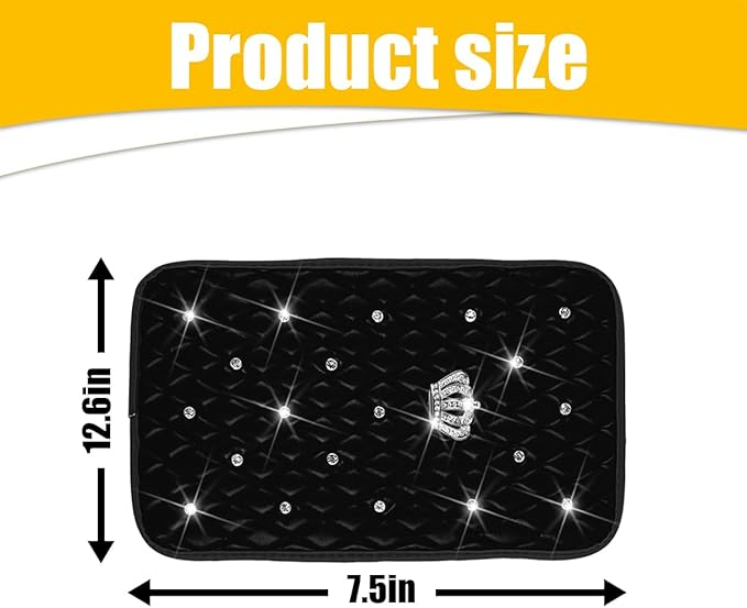 Mandark Bling Car Center Console Cover, Rhinestones Crown Vehicle Armrest Seat Box Mat Pad, Diamond Automotive Interior Arm Rest Cushion Protector Decor Accessories, Universal Fit(Black)