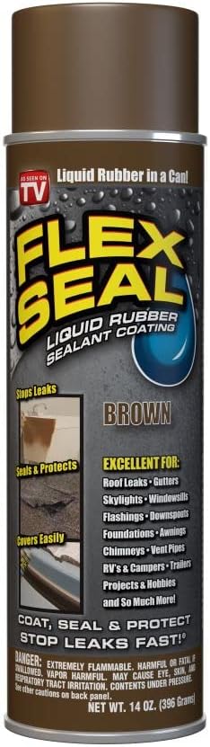 Flex Seal, 14 oz, Brown, Stop Leaks Instantly, Waterproof Rubber Spray On Sealant Coating, Perfect for Gutters, Wood, RV, Campers, Roof Repair, Skylights, Windows, and More