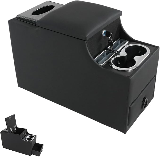 time secret Universal Center Console Between Seat for Minivans, SUVs, Middle Van Console Floor Console Organizer Storage Box (with Locking&Tissue Box Design)