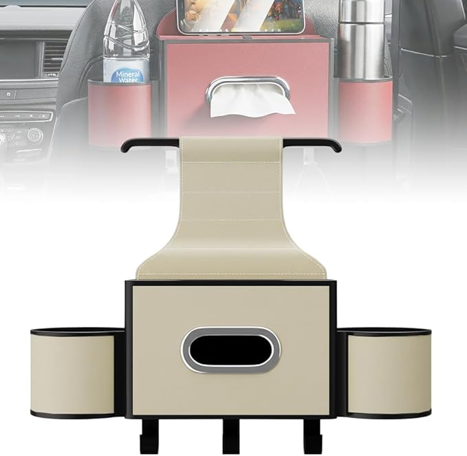 3-in-1 Car Backseat Organizer with Cup Holder, Tissue Box, Trash Bin & Hooks,Multifunctional Back Seat Car Organizer for Hold Phones,Snacks,Drinks,and Handbags (A-Beige)