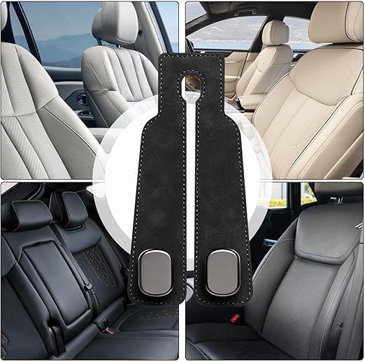 Car Seat Headrest Hooks for Purses and Bags - Premium Leather Double Hook Hanger with Metal Construction, Universal Purse Holder for Car Organization, Fits Most Vehicles (Black, 2-Pack)