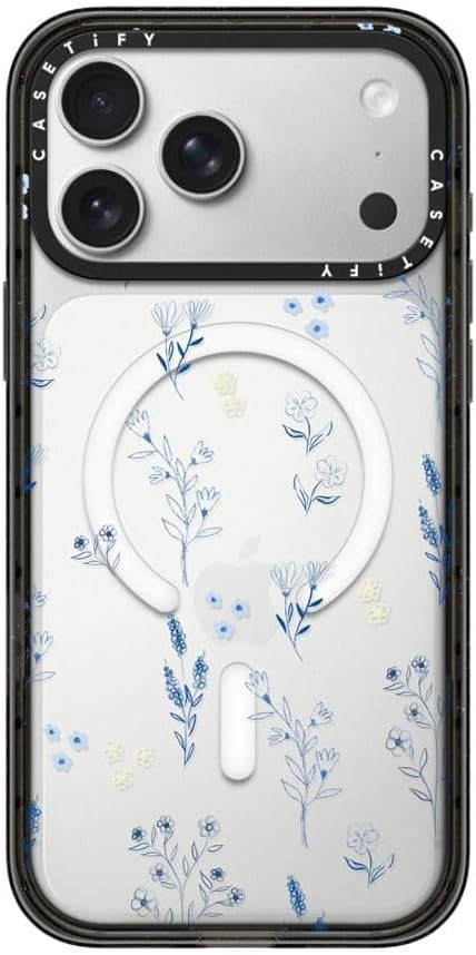 CASETiFY Impact iPhone 17 Pro Max Case [Slim/Compatible with Magsafe / 8.2 ft. 4X Military Grade Drop Protection] - Small Blue Flowers - Clear Black
