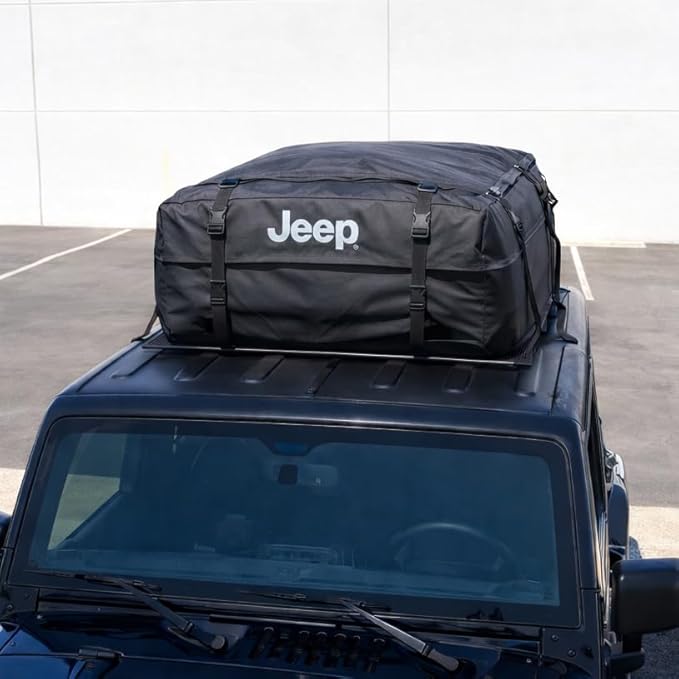 SR1 Performance USA Waterproof Rooftop Cargo Bag – Car Roof Carrier for Cars/SUVs with/Without Rack, Includes Non-Slip Mat, Heavy-Duty Straps, Lock for Secure Travel Storage (15 Cubic Feet, Jeep Logo)