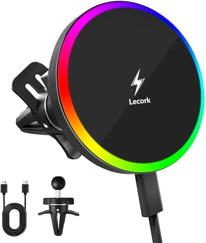 Lecork for Magsafe Car Mount, 15W Magnetic Wireless Charger for iPhone, Magsafe Air Vent Car Holder Charger for iPhone 17 Pro Max/16/15/14 13, Samsung S26/S26+/Ultra, RGB LED Design