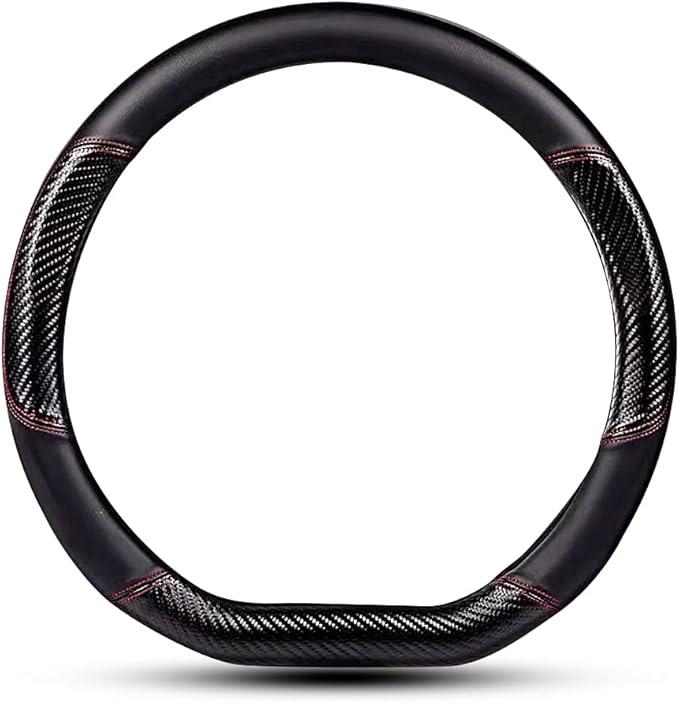 Car Carbon Fiber and Leather D-Shape Steering Wheel Cover, Stylish car Non-Slip Leather car Interior 15 inches Universal Black and Red