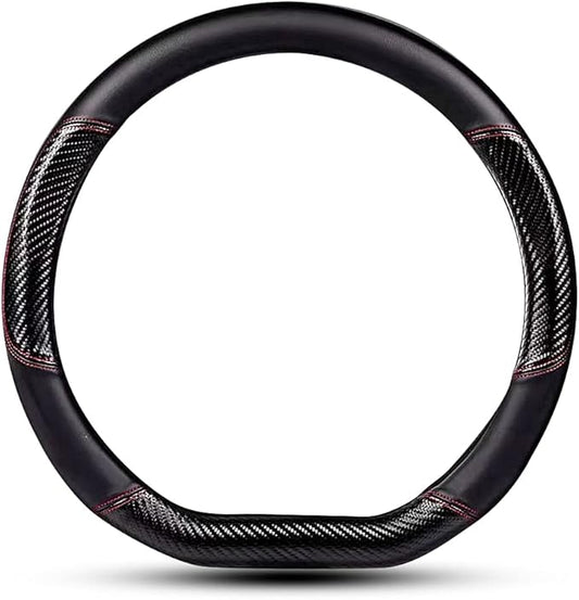 Car Carbon Fiber and Leather D-Shape Steering Wheel Cover, Stylish car Non-Slip Leather car Interior 15 inches Universal Black and Red