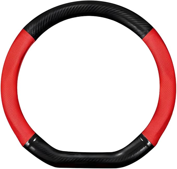 Car Breathable Steering Wheel Cover, Carbon Fiber Wear-Resistant D Shape Steering Wheel Protector for Comfy Grip, Universal Non-Slip Leather Wheel Sleeve for Most Car SUV Truck (Red)
