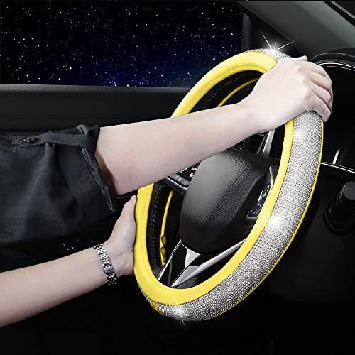 Bling Diamond Steering Wheel Cover, Leather Steering Wheel Covers for Women Girls with Crystal Rhinestones, Breathable, Anti-Slip Universal Fit 14.5-15 Inch Bling Car Accessories(Yellow)