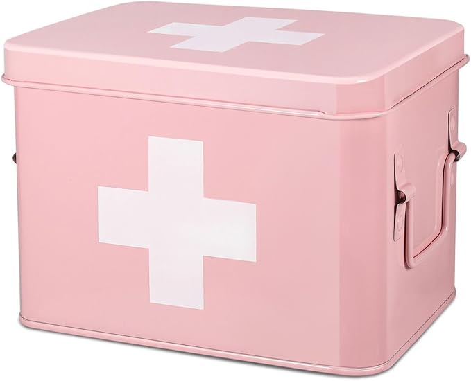Flexzion First Aid Box Organizer, Empty 8.5 Inch Pink Vintage First Aid Kit Tin Metal Medical Box First Aid Storage Box Container Bins with Dividers, Removable Tray and Cross Logo