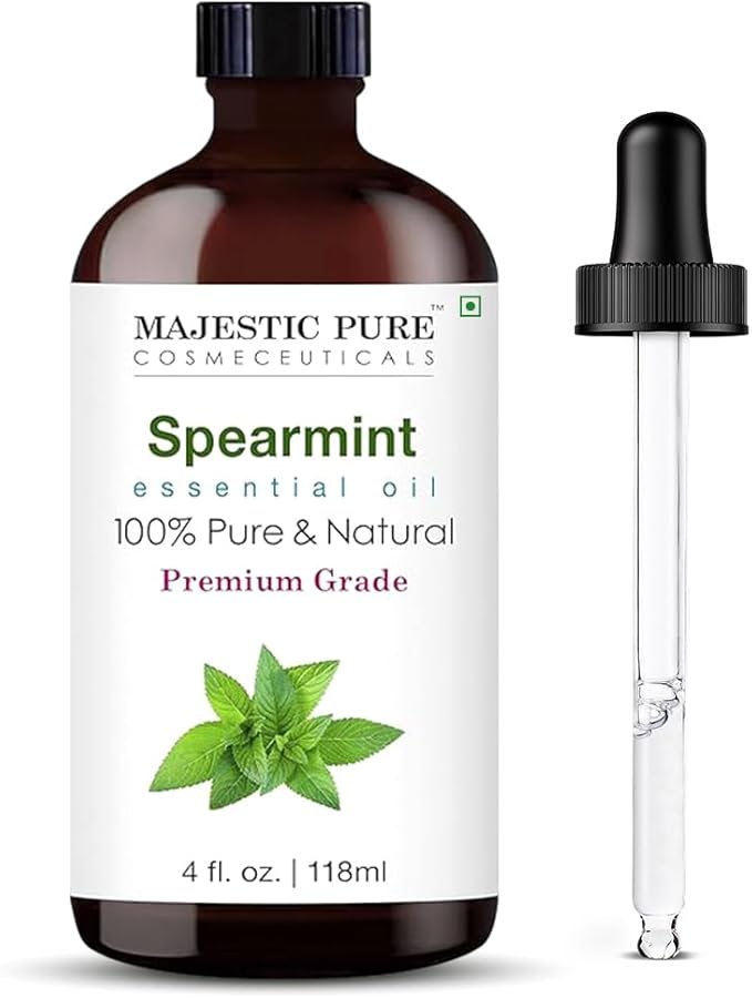 Majestic Pure Essential Oil with Glass Dropper - 100% Pure and Natural - Essential Oils for Diffuser, Aromatherapy, Soap and Candle Making, Spearmint Essential Oil, Spearmint Oil, 4 Fl Oz