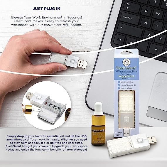 Belle Aroma® FlashScent™ USB Aromatherapy Bundle - for Car, Office, Home, and Travel - Includes 1 Pearl White Peppermint Oil Diffuser Kit, 1 Lavender FlashScent Essential Oil, and 7 Refill Pads