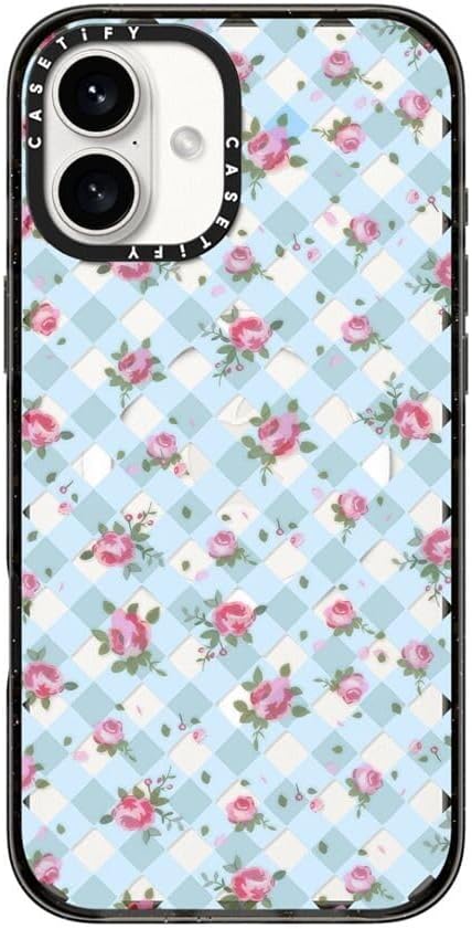 CASETiFY Impact Case for iPhone 16 Plus [8.2ft 4X Military Grade Drop Protection/Compatible with Magsafe] - Floral Gingham - Blue - Clear Black