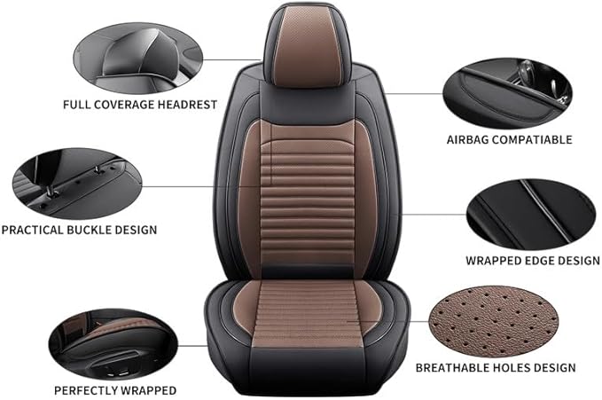 Car Seat Covers Full Set Fit for Toyota Matrix 2003-2014, Premium Faux Leather Car Seat Protector,Breathable Anti-Slip Full Wrapping Edge Seat Covers(Black&Brown,Full Set)