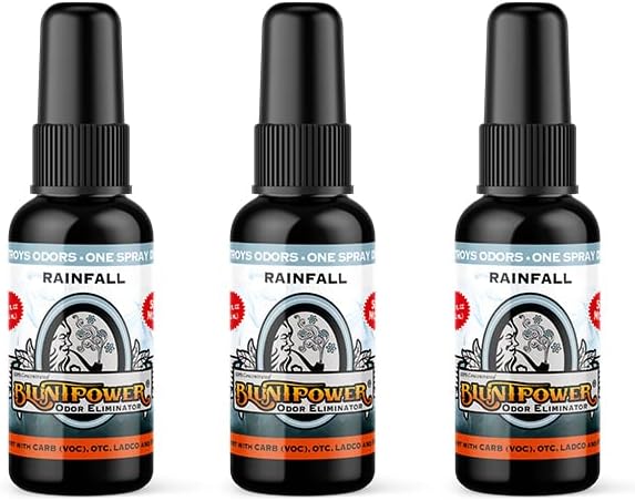 BluntPower (Rainfall, 3 Pack) Concentrated Odor Eliminator and Diffuser Oil - Room Deodorizer, Odor Eliminator, and Smoke Eliminator Spray - Premium Oil Based Air Freshener & Odor Eliminator Spray