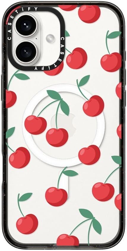 CASETiFY Impact Case for iPhone 16 Plus [Slim / 8.2 ft. 4X Military Grade Drop Protection/Compatible with Magsafe] - Cherries - Clear Black
