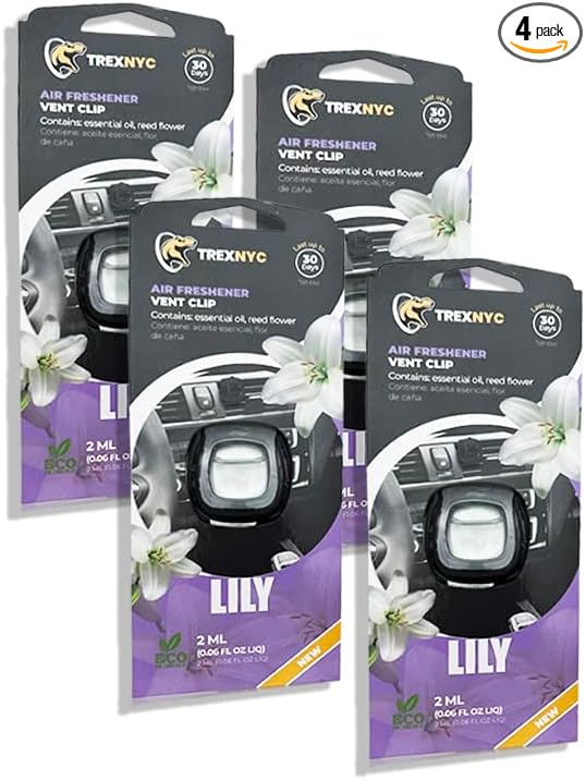 Car Air Fresheners Vent Clips, Essential Car Odor Eliminator, Perfect Scented Car Accessories, For Long Lasting Fragrance up to 30 days, 0.07 FL.OZ (Lily, 4 Packs)