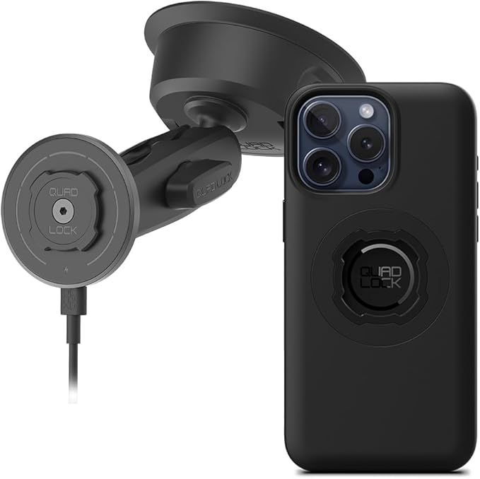 Quad Lock Heavy Duty Suction Car Phone Mount with MAG Phone Case and MAG Wireless Charging Head for iPhone 15 Pro Max