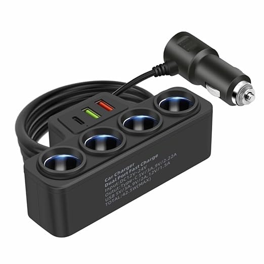 12V/24V Car Charging Adapter Car Power Socket Splitter 120W with USB C Port & 75cm Long Cable for Vehicles