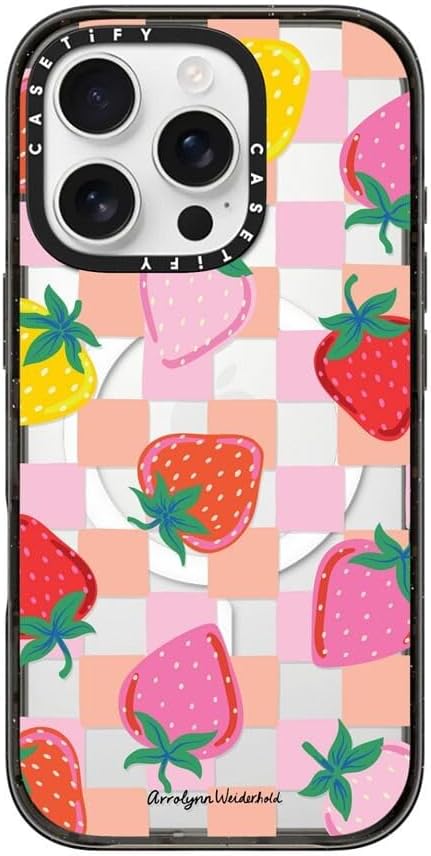 CASETiFY Impact Case for iPhone 16 Pro [8.2ft 4X Military Grade Drop Protection/Compatible with Magsafe] - Fun Strawberries - Clear Black