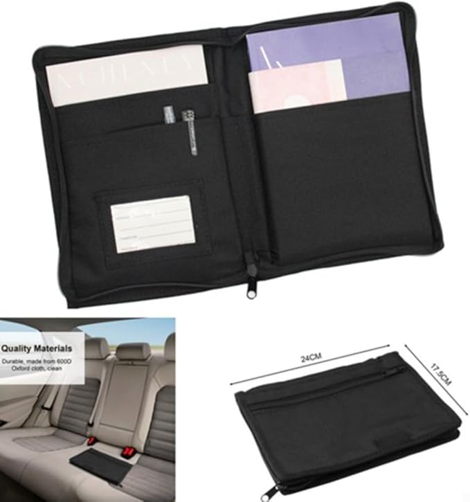 Car Glove Box Organizer Storage Folder for Vehicle Interior – Fit 600D Oxford Cloth Document Holder with Zippered Pocket and Elastic Loop, Black